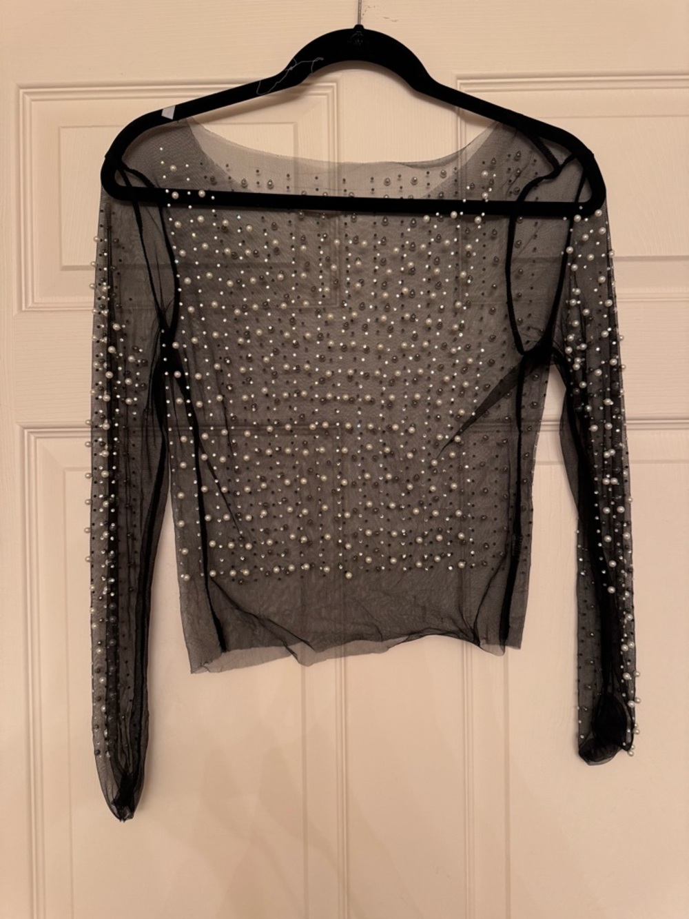 Sheer Mesh Black Pearl-Embellished Long-Sleeve Top